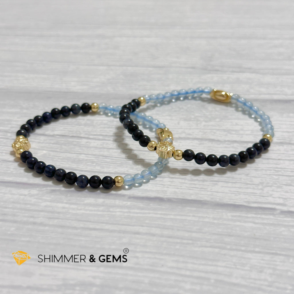 Fame & Fortune Remedy Bracelet (Blue Sapphire, Aquamarine 4mm plus 14k gold plated Copper Ingot & Clover Charms)