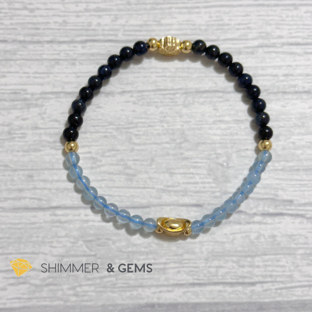 Fame & Fortune Remedy Bracelet (Blue Sapphire, Aquamarine 4mm plus 14k gold plated Copper Ingot & Clover Charms)