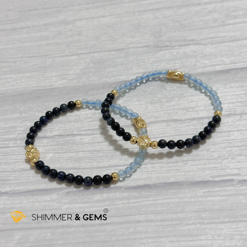 Fame & Fortune Remedy Bracelet (Blue Sapphire, Aquamarine 4mm plus 14k gold plated Copper Ingot & Clover Charms)