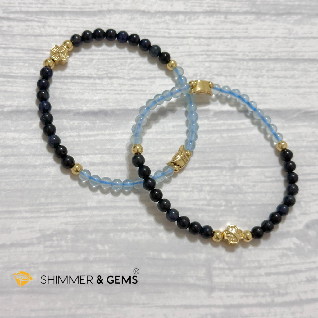 Fame & Fortune Remedy Bracelet (Blue Sapphire, Aquamarine 4mm plus 14k gold plated Copper Ingot & Clover Charms)