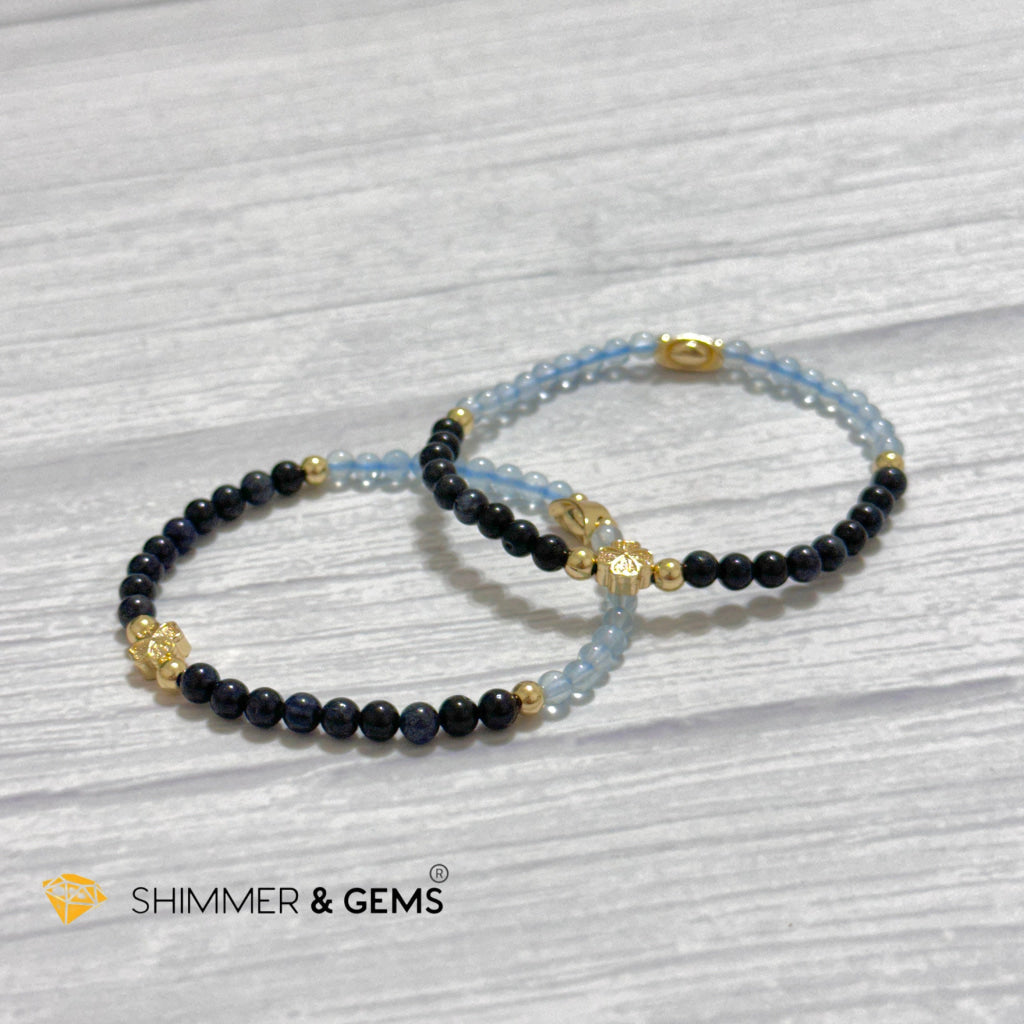 Fame & Fortune Remedy Bracelet (Blue Sapphire, Aquamarine 4mm plus 14k gold plated Copper Ingot & Clover Charms)