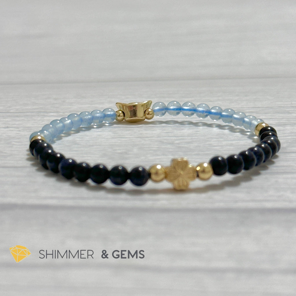 Fame & Fortune Remedy Bracelet (Blue Sapphire, Aquamarine 4mm plus 14k gold plated Copper Ingot & Clover Charms)