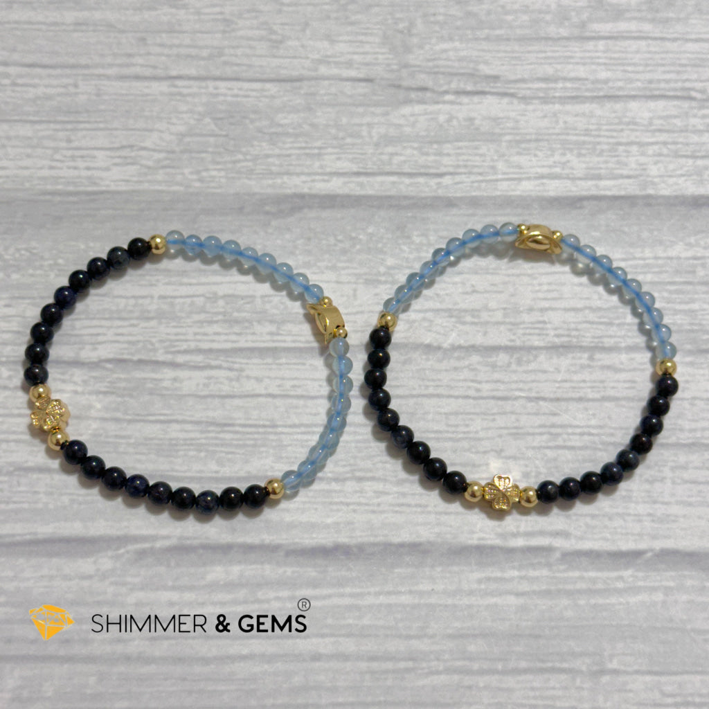 Fame & Fortune Remedy Bracelet (Blue Sapphire, Aquamarine 4mm plus 14k gold plated Copper Ingot & Clover Charms)