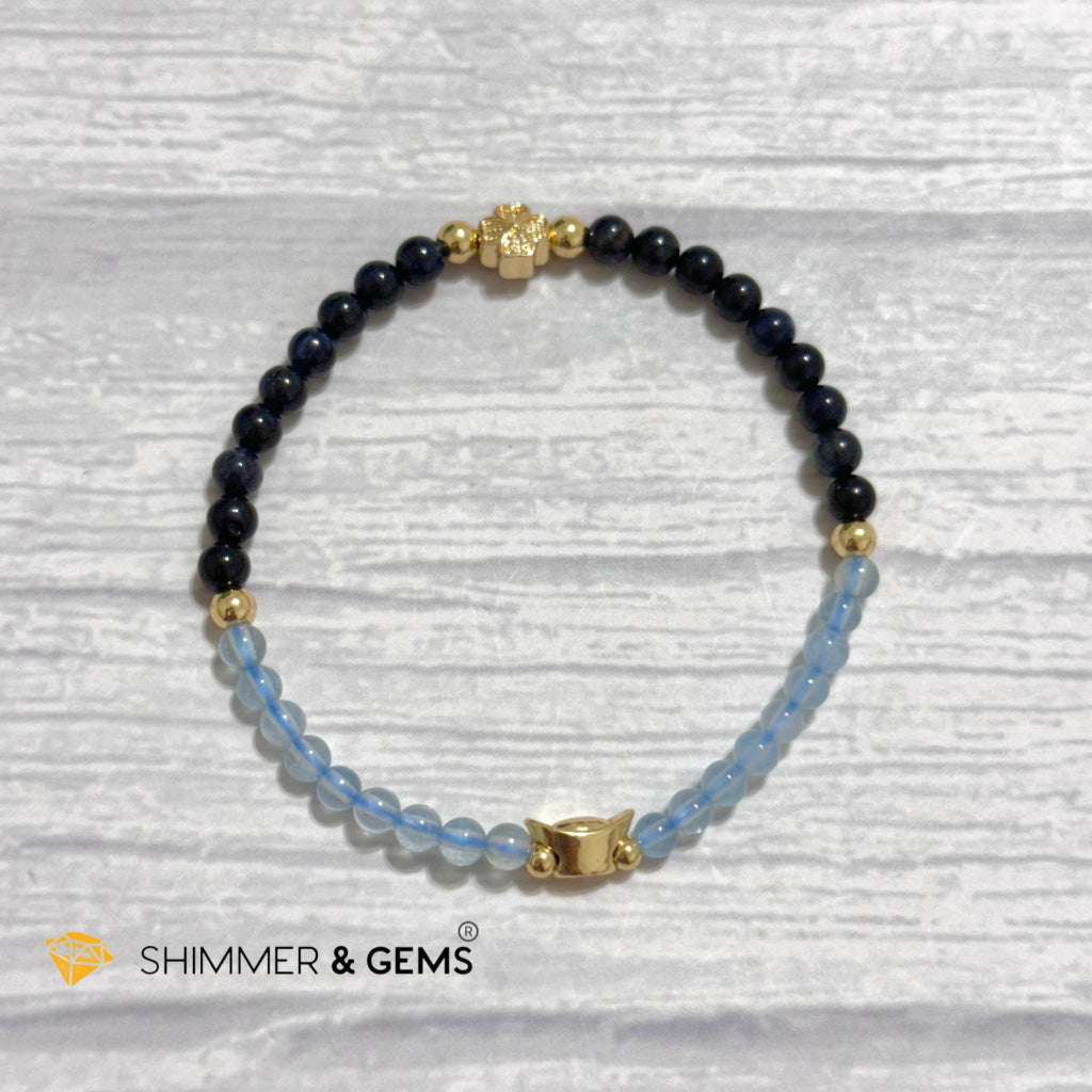 Fame & Fortune Remedy Bracelet (Blue Sapphire, Aquamarine 4mm plus 14k gold plated Copper Ingot & Clover Charms)