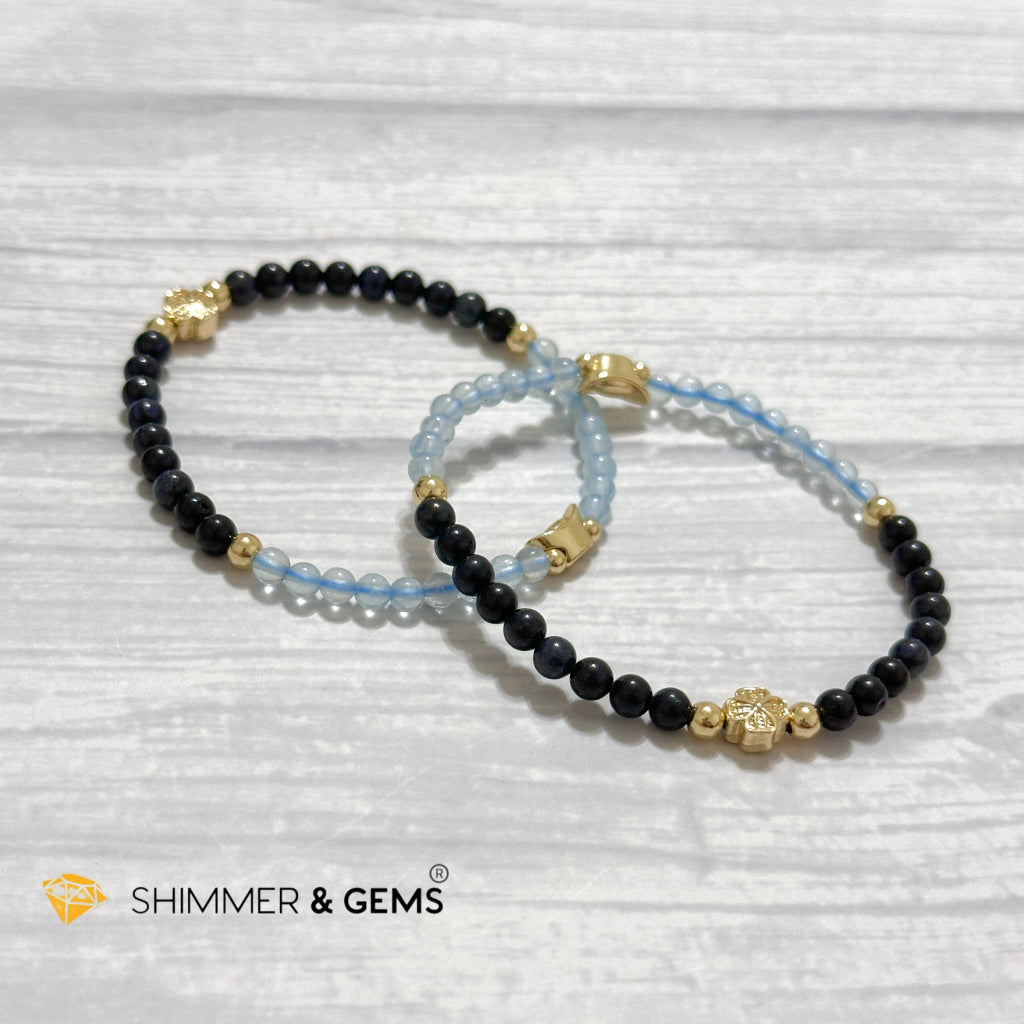 Fame & Fortune Remedy Bracelet (Blue Sapphire, Aquamarine 4mm plus 14k gold plated Copper Ingot & Clover Charms)