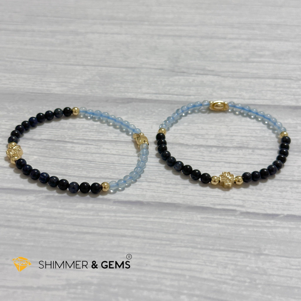 Fame & Fortune Remedy Bracelet (Blue Sapphire, Aquamarine 4mm plus 14k gold plated Copper Ingot & Clover Charms)