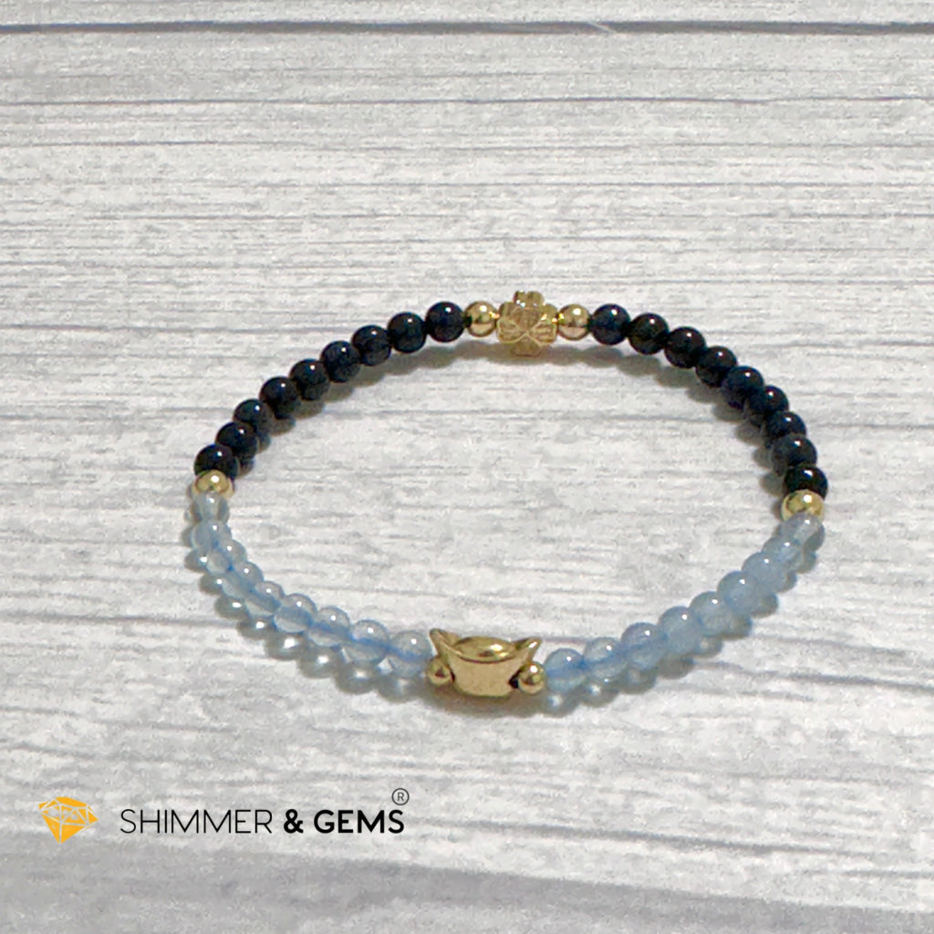 Fame & Fortune Remedy Bracelet (Blue Sapphire, Aquamarine 4mm plus 14k gold plated Copper Ingot & Clover Charms)