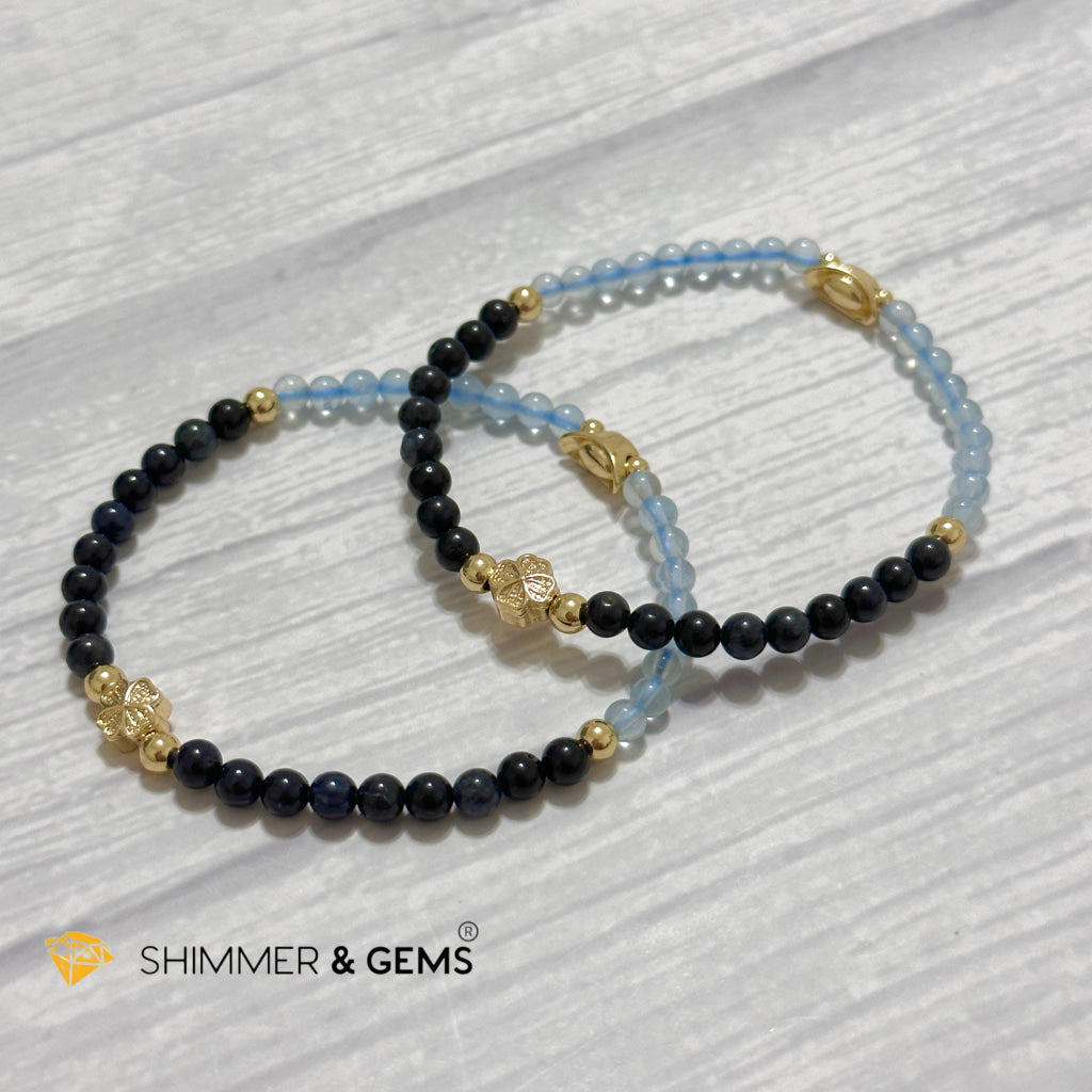 Fame & Fortune Remedy Bracelet (Blue Sapphire, Aquamarine 4mm plus 14k gold plated Copper Ingot & Clover Charms)