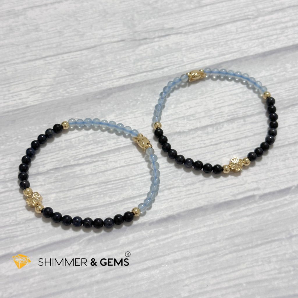 Fame & Fortune Remedy Bracelet (Blue Sapphire, Aquamarine 4mm plus 14k gold plated Copper Ingot & Clover Charms)