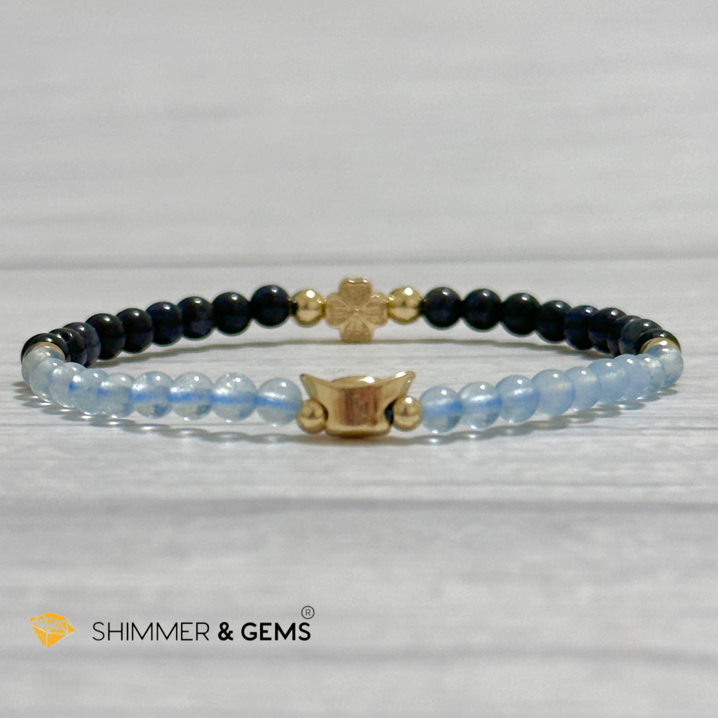 Fame & Fortune Remedy Bracelet (Blue Sapphire, Aquamarine 4mm plus 14k gold plated Copper Ingot & Clover Charms)