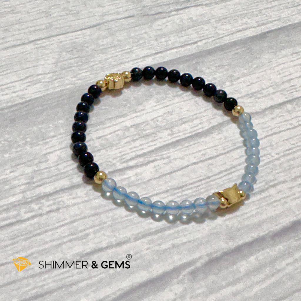 Fame & Fortune Remedy Bracelet (Blue Sapphire, Aquamarine 4mm plus 14k gold plated Copper Ingot & Clover Charms)