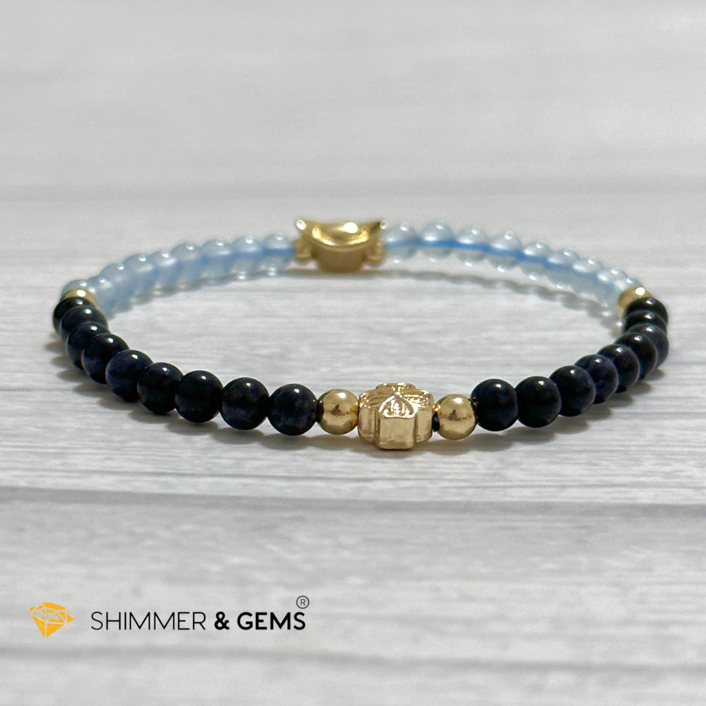 Fame & Fortune Remedy Bracelet (Blue Sapphire, Aquamarine 4mm plus 14k gold plated Copper Ingot & Clover Charms)