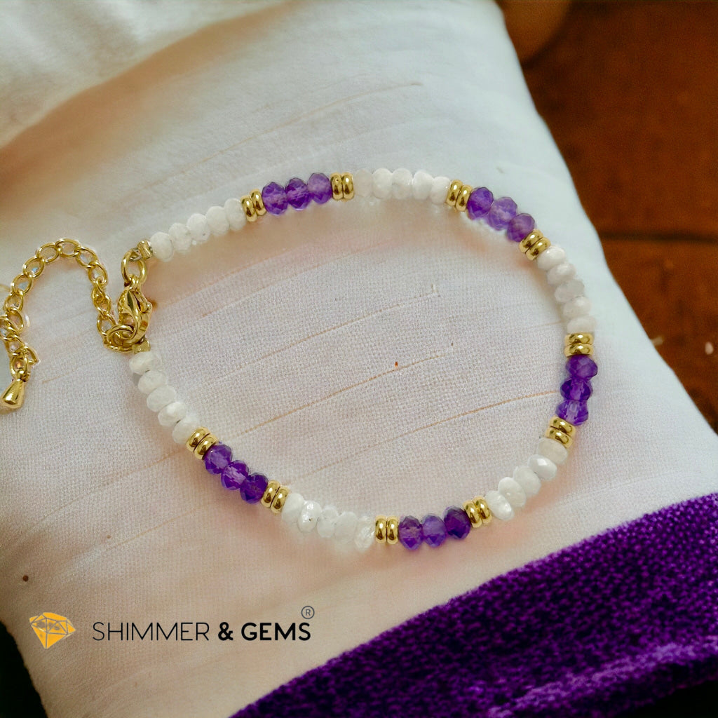 Feminine Energy Bracelet (Amethyst & Moonstone 4mm Rondelle)with stainless steel chain