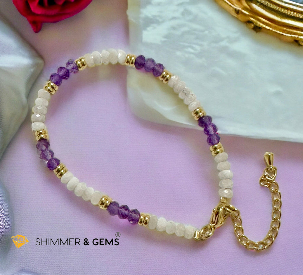 Feminine Energy Bracelet (Amethyst & Moonstone 4mm Rondelle)with stainless steel chain