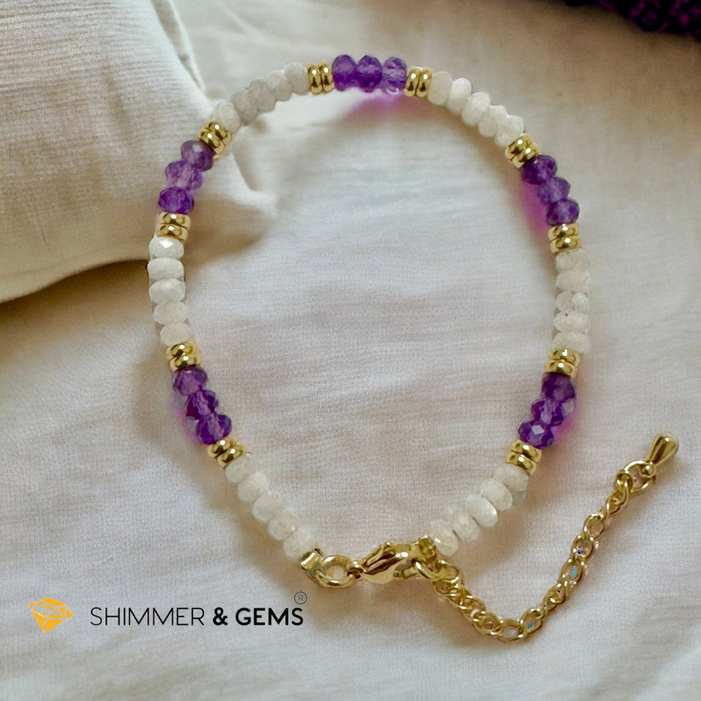 Feminine Energy Bracelet (Amethyst & Moonstone 4mm Rondelle)with stainless steel chain