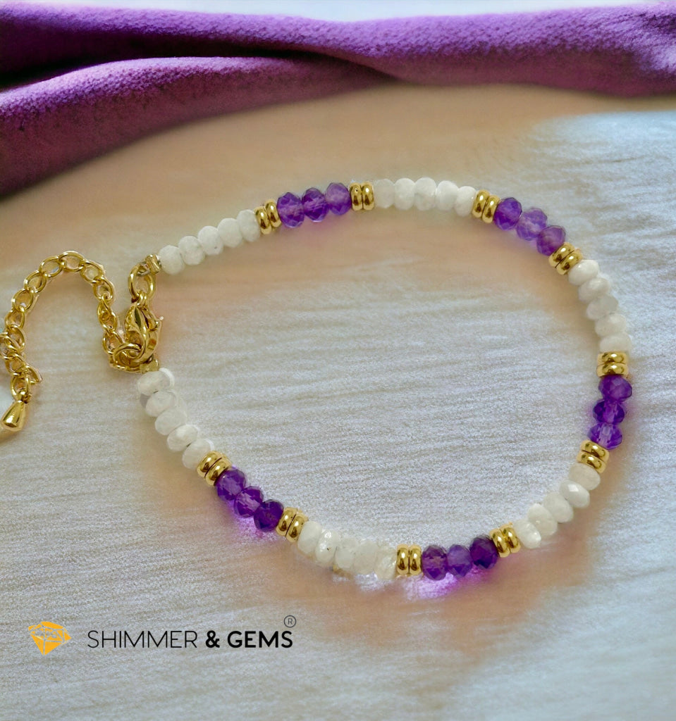 Feminine Energy Bracelet (Amethyst & Moonstone 4mm Rondelle)with stainless steel chain