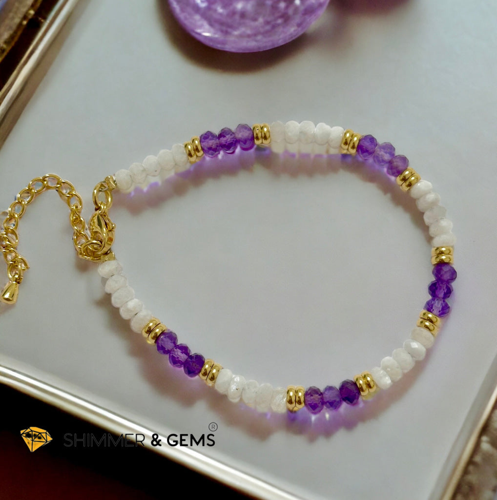 Feminine Energy Bracelet (Amethyst & Moonstone 4mm Rondelle)with stainless steel chain