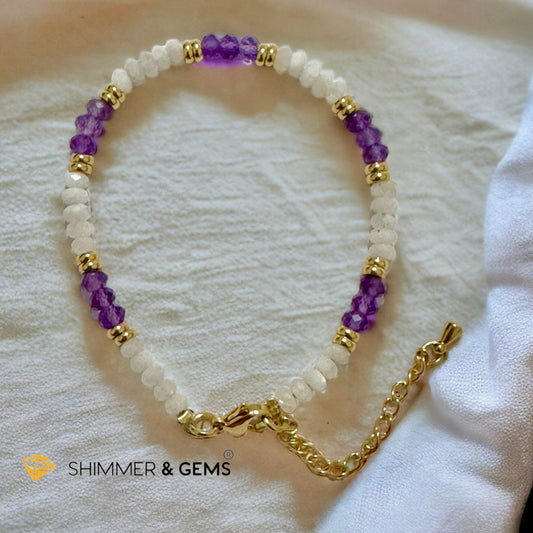 Feminine Energy Bracelet (Amethyst & Moonstone 4mm Rondelle)with stainless steel chain