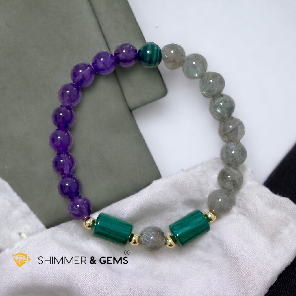 Focus & Calming Bracelet for Men (Amethyst, Malachite & Labradorite 8mm)