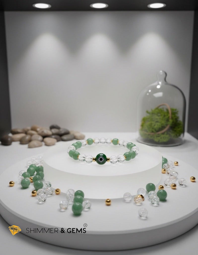 Fortune & Protection 6mm Bracelet (Half-Frosted Aventurine, Clear Quartz & Liuli Evil eye)