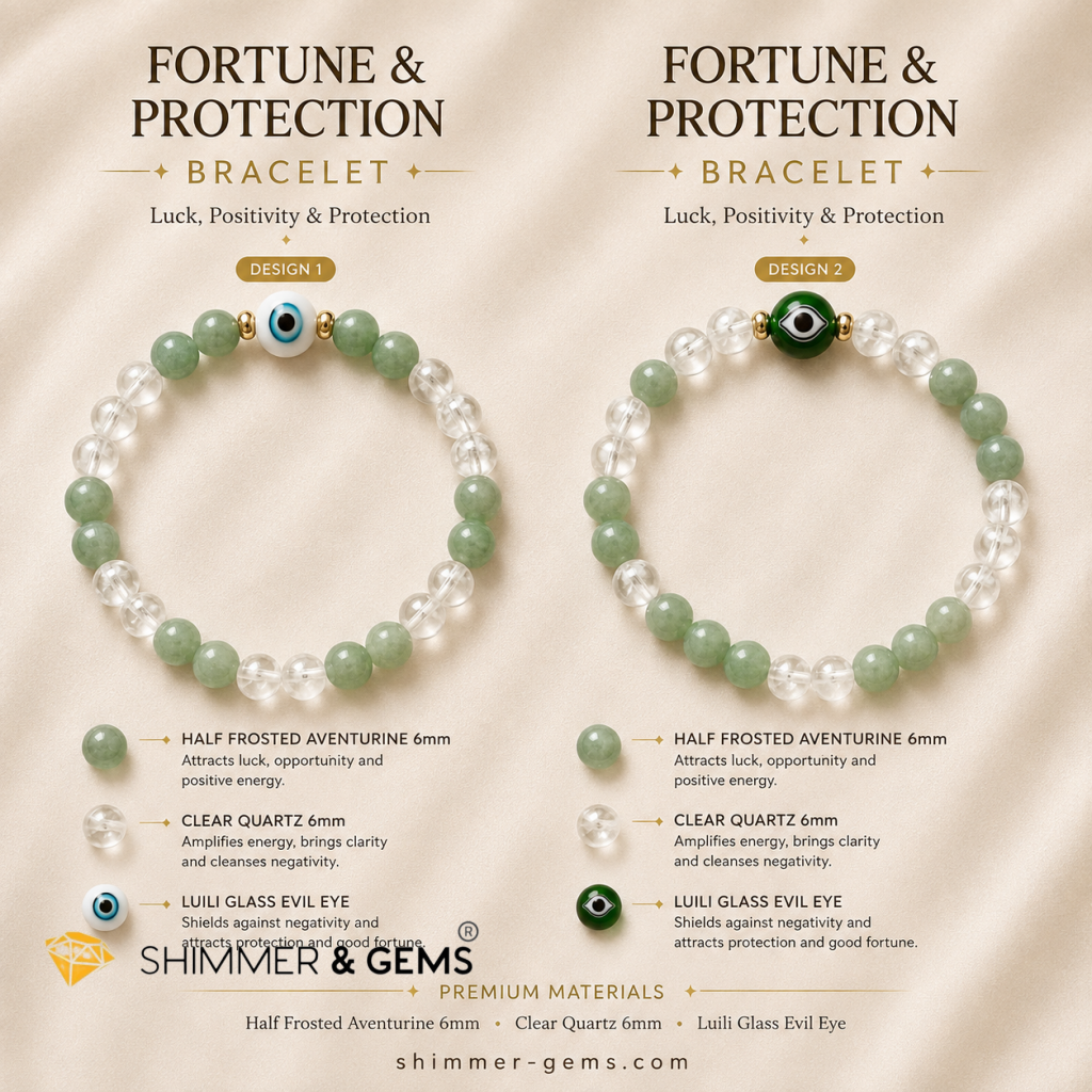 Fortune & Protection 6mm Bracelet (Half-Frosted Aventurine, Clear Quartz & Liuli Evil eye)