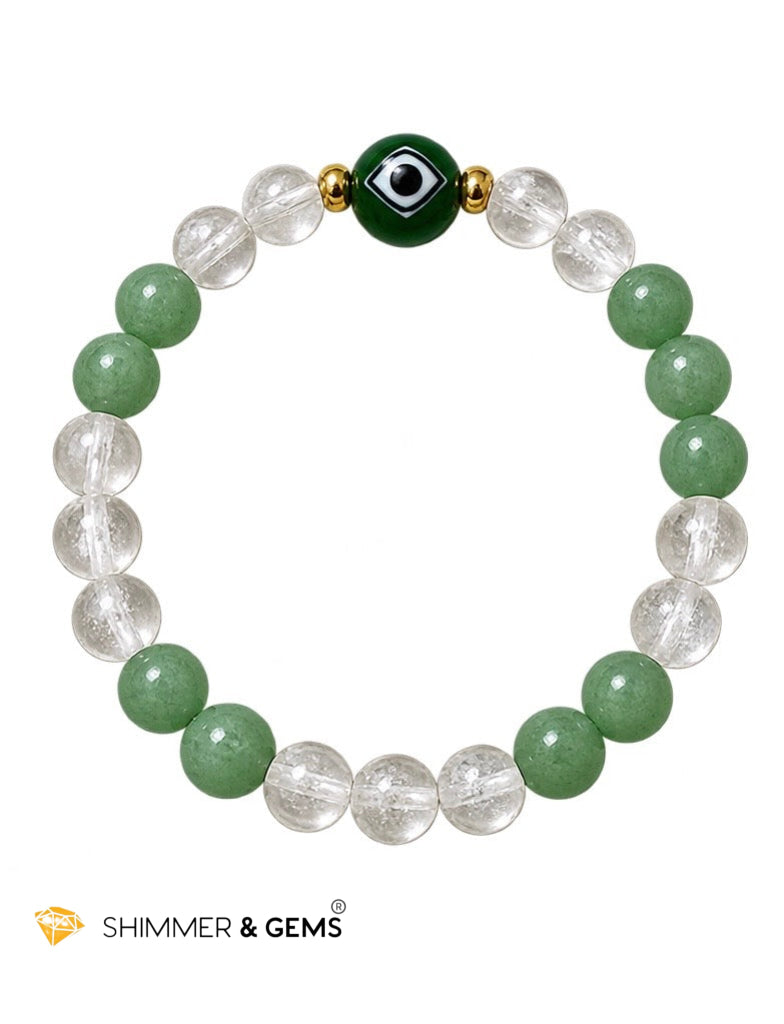 Fortune & Protection 6mm Bracelet (Half-Frosted Aventurine, Clear Quartz & Liuli Evil eye)