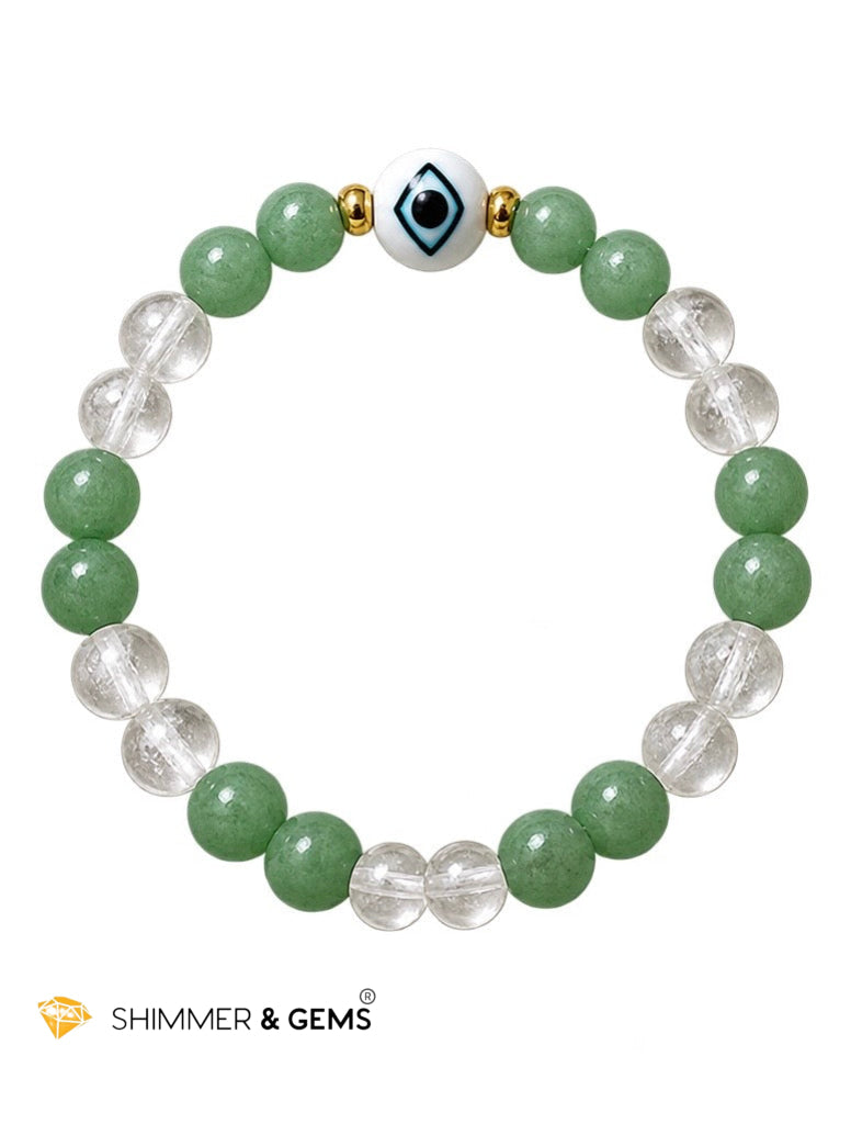Fortune & Protection 6mm Bracelet (Half-Frosted Aventurine, Clear Quartz & Liuli Evil eye)