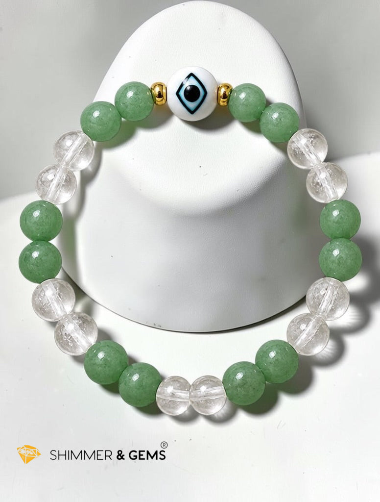 Fortune & Protection 6mm Bracelet (Half-Frosted Aventurine, Clear Quartz & Liuli Evil eye)
