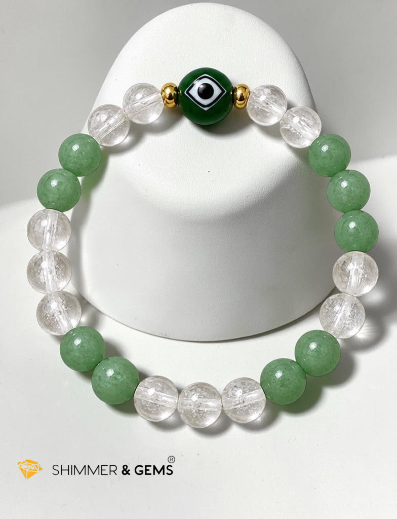 Fortune & Protection 6mm Bracelet (Half-Frosted Aventurine, Clear Quartz & Liuli Evil eye)