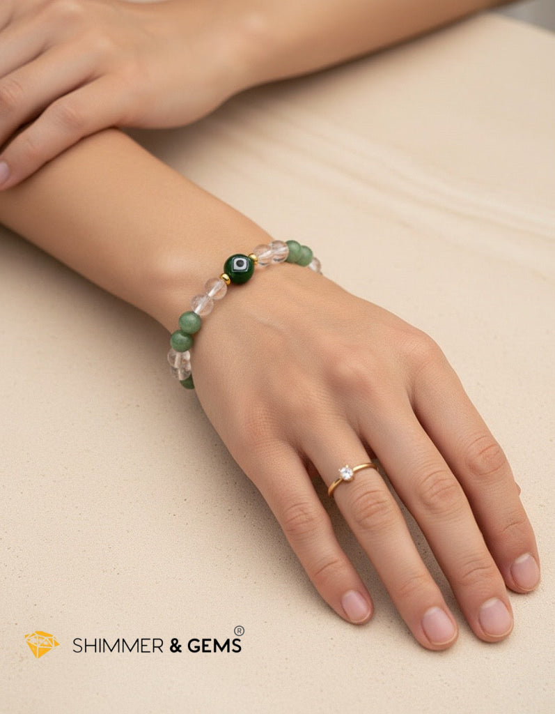 Fortune & Protection 6mm Bracelet (Half-Frosted Aventurine, Clear Quartz & Liuli Evil eye)