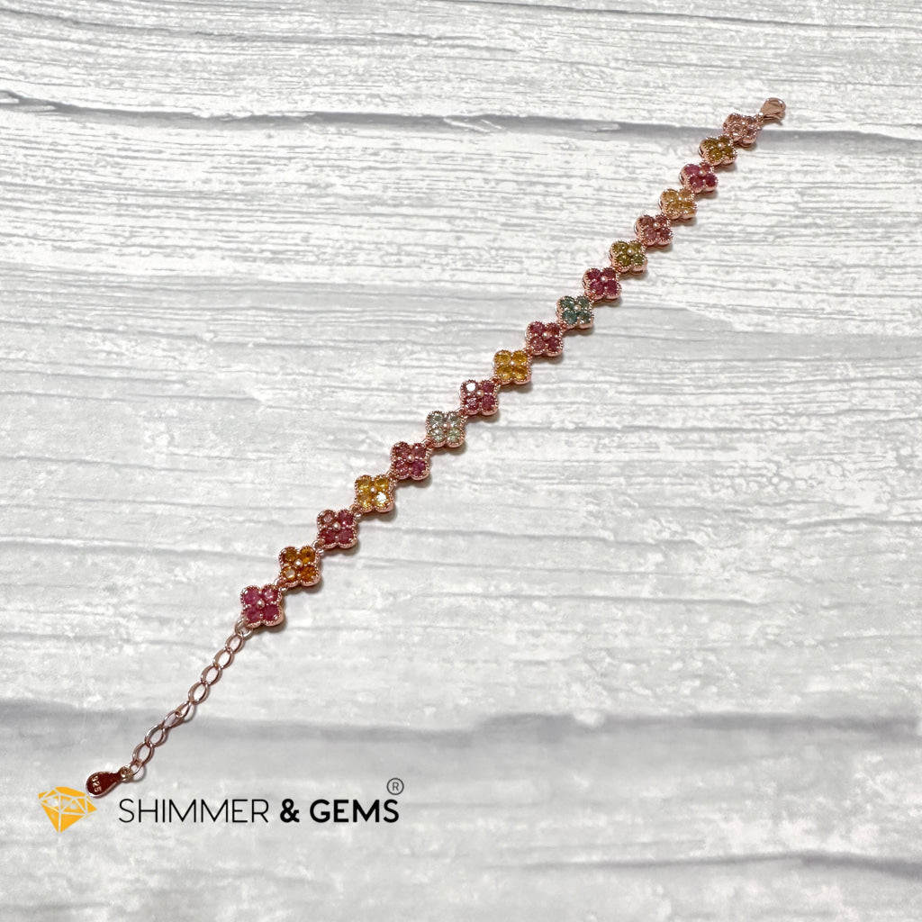 Four-Leaf Clover Mixed Tourmaline Bangle Bracelet (925 Silver Rose Gold)