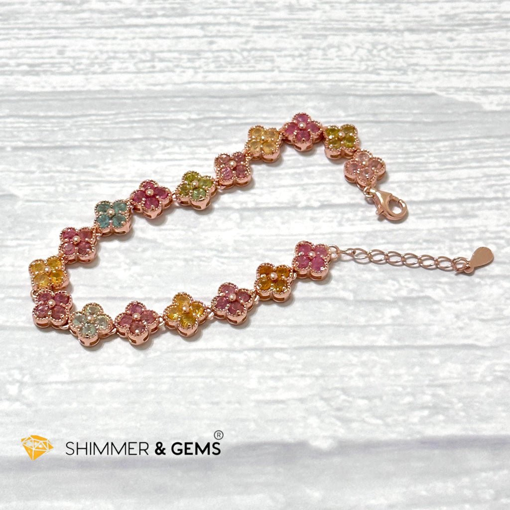 Four-Leaf Clover Mixed Tourmaline Bangle Bracelet (925 Silver Rose Gold)