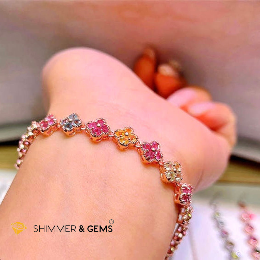 Four-Leaf Clover Mixed Tourmaline Bangle Bracelet (925 Silver Rose Gold)