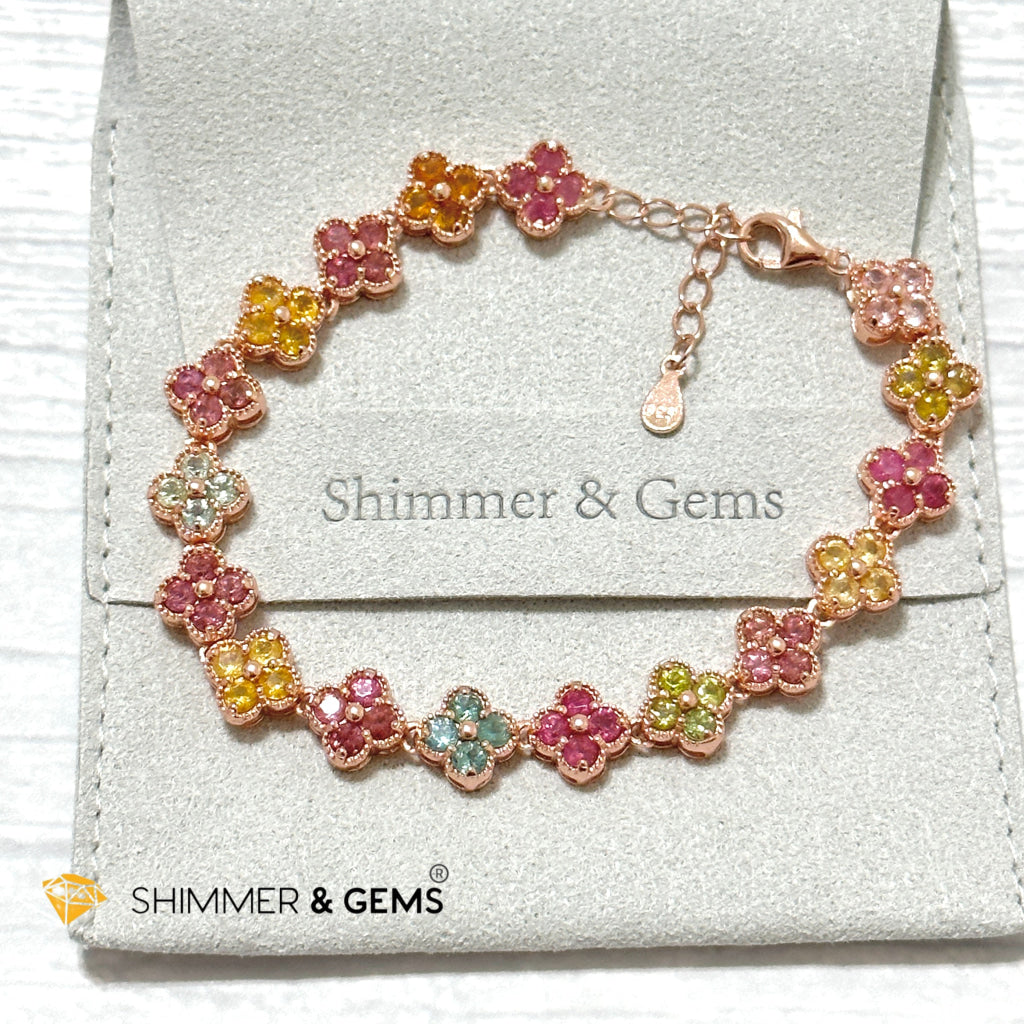 Four-Leaf Clover Mixed Tourmaline Bangle Bracelet (925 Silver Rose Gold)
