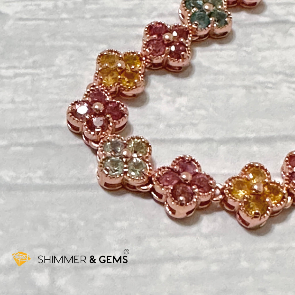Four-Leaf Clover Mixed Tourmaline Bangle Bracelet (925 Silver Rose Gold)