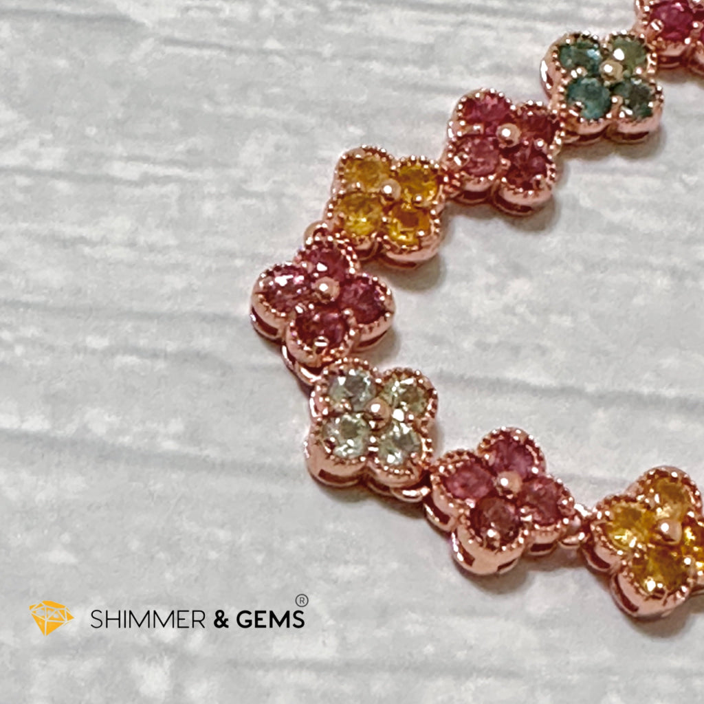 Four-Leaf Clover Mixed Tourmaline Bangle Bracelet (925 Silver Rose Gold)