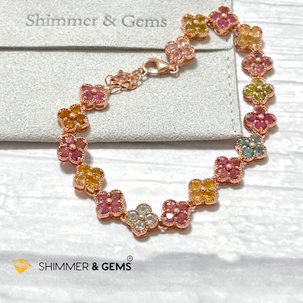 Four-Leaf Clover Mixed Tourmaline Bangle Bracelet (925 Silver Rose Gold)