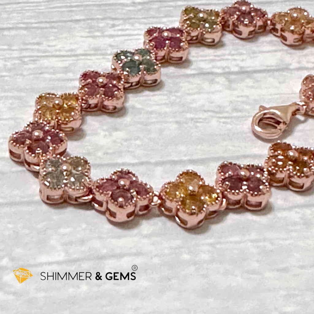 Four-Leaf Clover Mixed Tourmaline Bangle Bracelet (925 Silver Rose Gold)