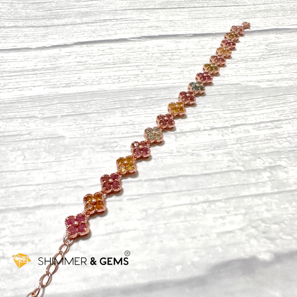 Four-Leaf Clover Mixed Tourmaline Bangle Bracelet (925 Silver Rose Gold)