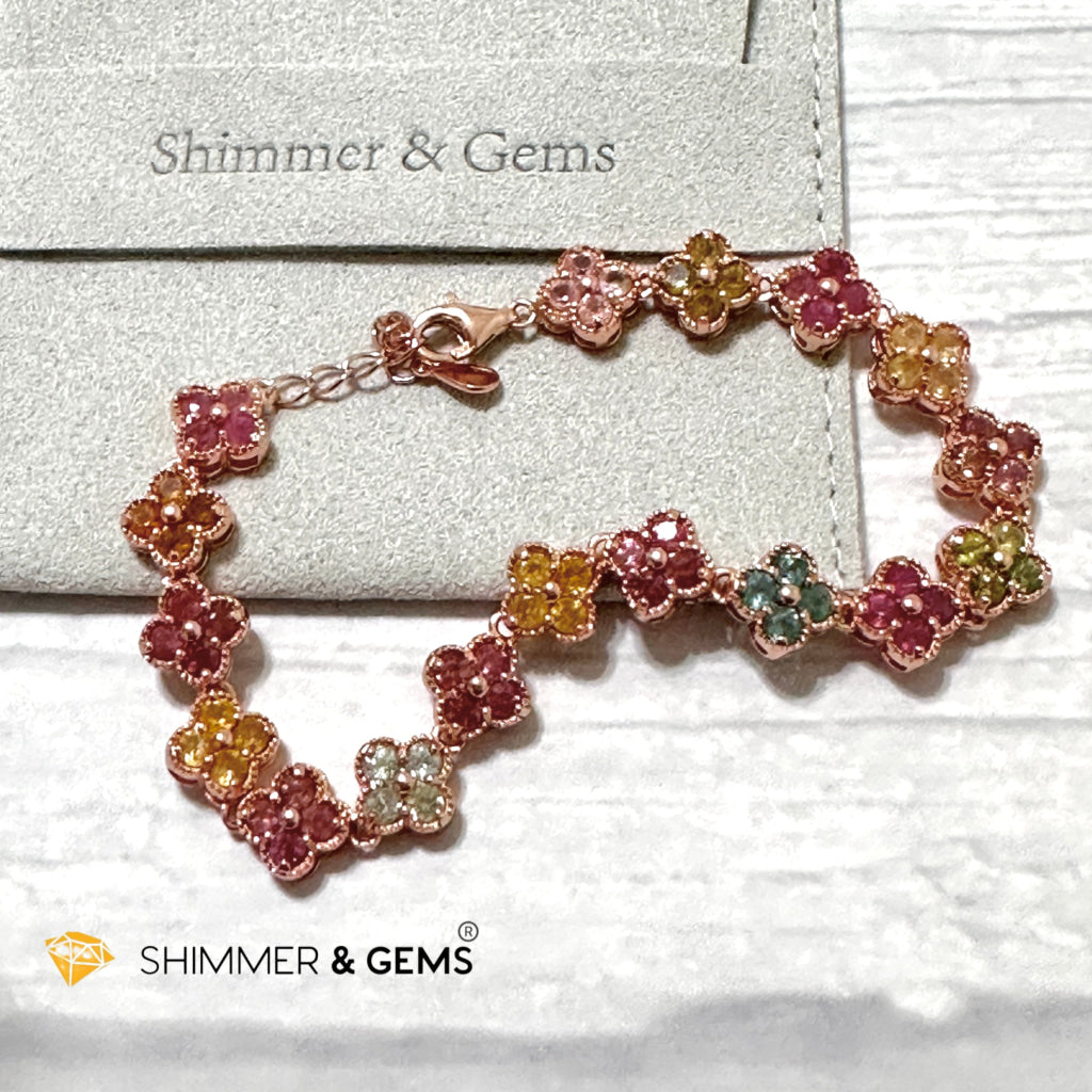 Four-Leaf Clover Mixed Tourmaline Bangle Bracelet (925 Silver Rose Gold)