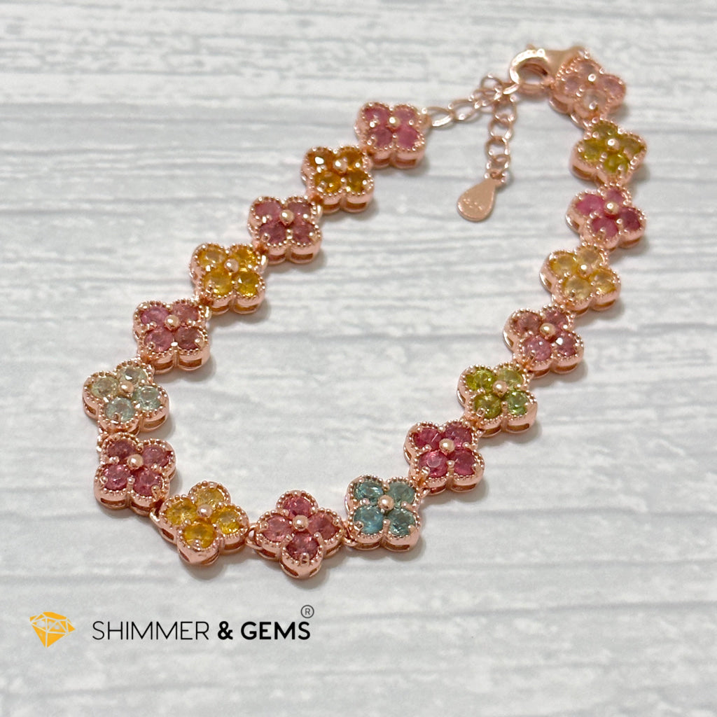 Four-Leaf Clover Mixed Tourmaline Bangle Bracelet (925 Silver Rose Gold)