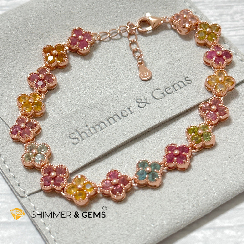 Four-Leaf Clover Mixed Tourmaline Bangle Bracelet (925 Silver Rose Gold)