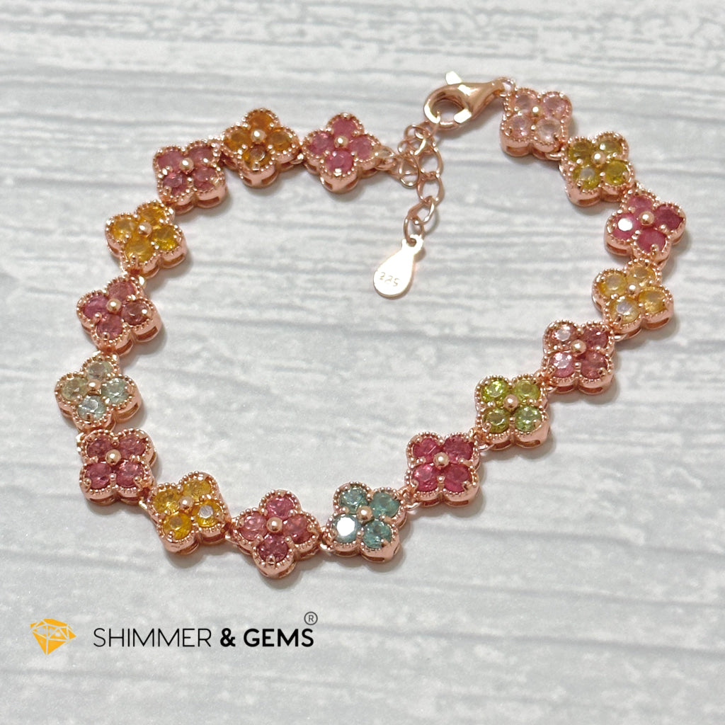 Four-Leaf Clover Mixed Tourmaline Bangle Bracelet (925 Silver Rose Gold)