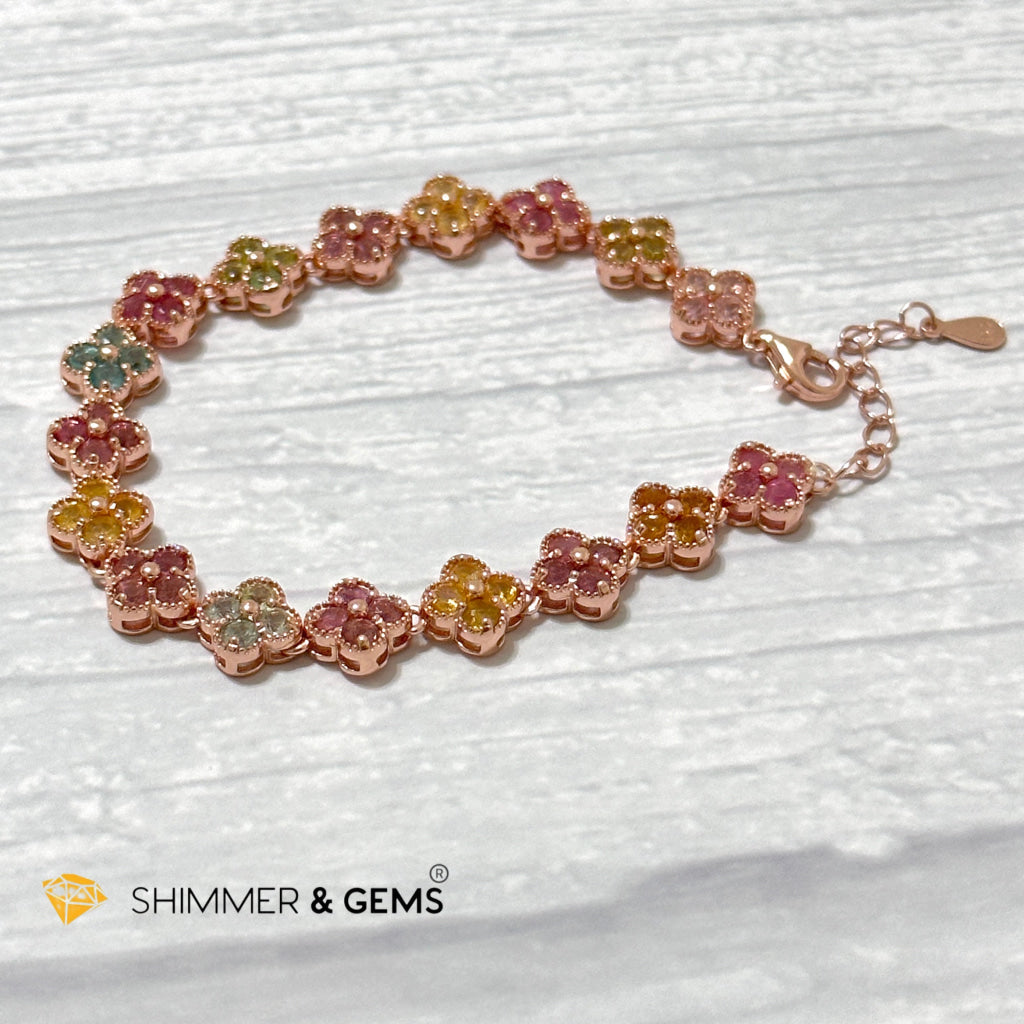 Four-Leaf Clover Mixed Tourmaline Bangle Bracelet (925 Silver Rose Gold)