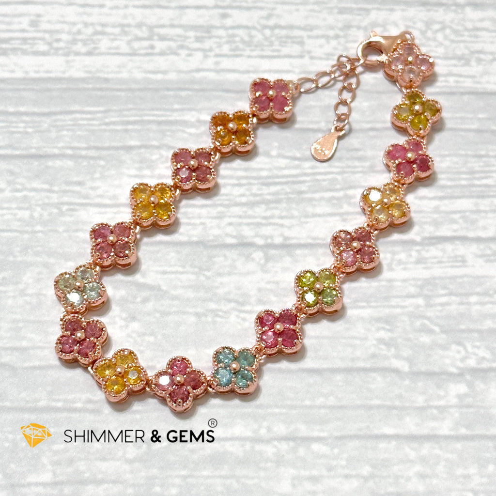 Four-Leaf Clover Mixed Tourmaline Bangle Bracelet (925 Silver Rose Gold)