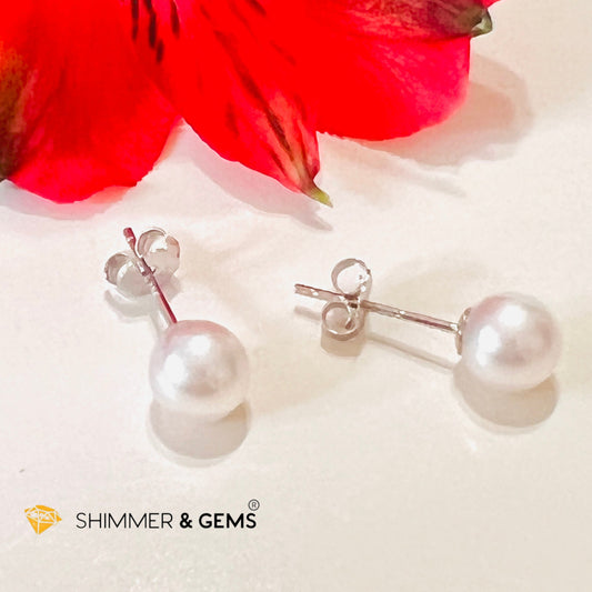 Freshwater Pearl 6Mm Round Earrings 925 Silver (Aa Grade) Stud