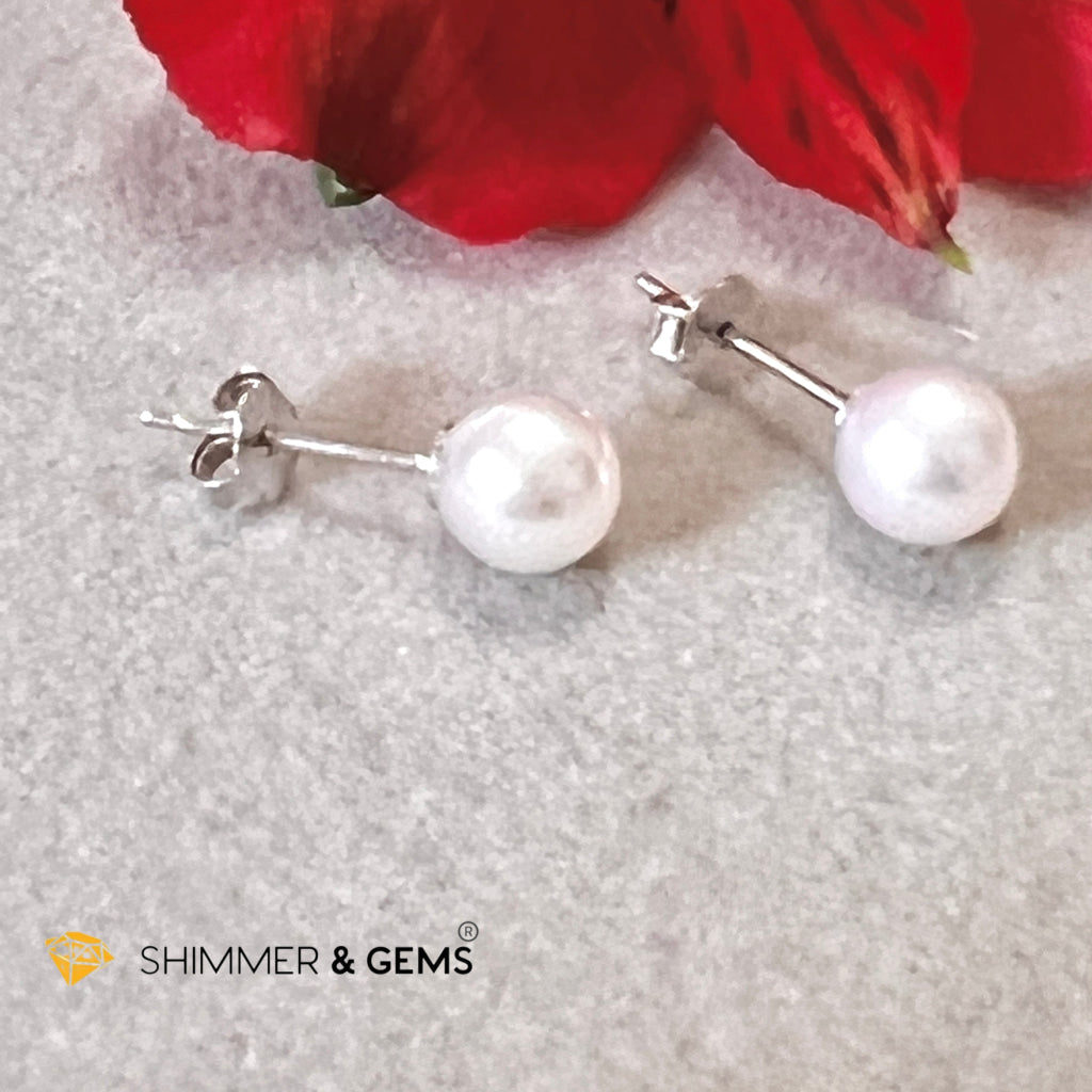 Freshwater Pearl 6Mm Round Earrings 925 Silver (Aa Grade)