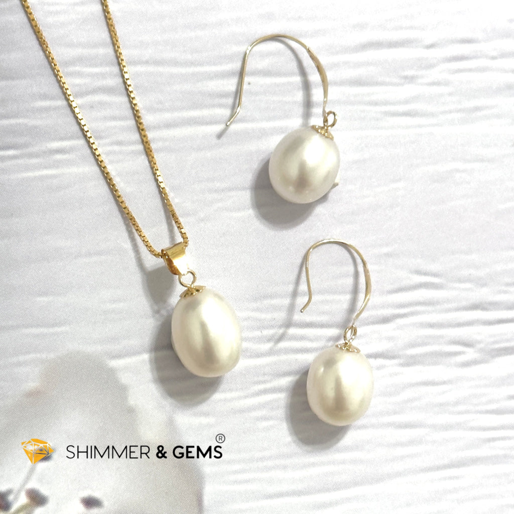 Freshwater Pearl 8mm AAA Grade Drop Shape 18K Real Gold Dangling Earrings and Pendant