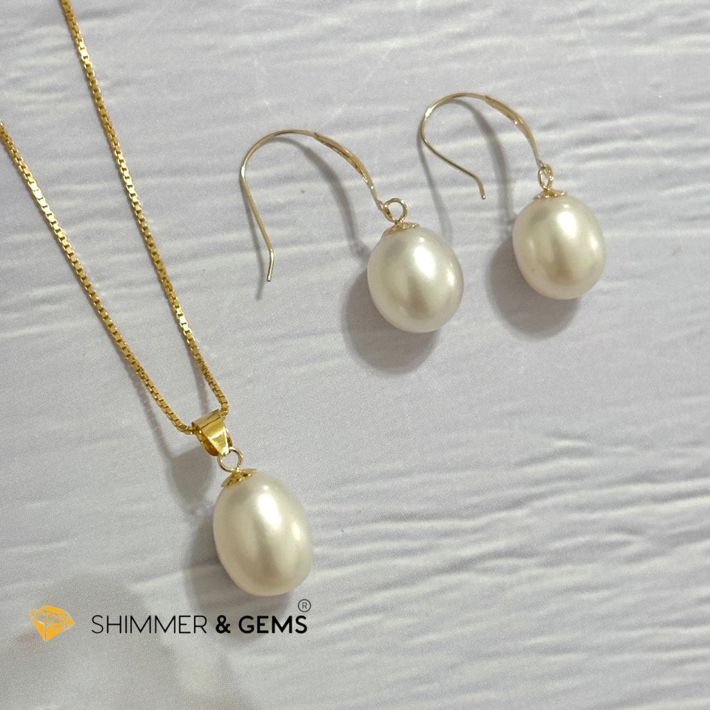 Freshwater Pearl 8mm AAA Grade Drop Shape 18K Real Gold Dangling Earrings and Pendant