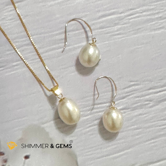 Freshwater Pearl 8mm AAA Grade Drop Shape 18K Real Gold Dangling Earrings and Pendant